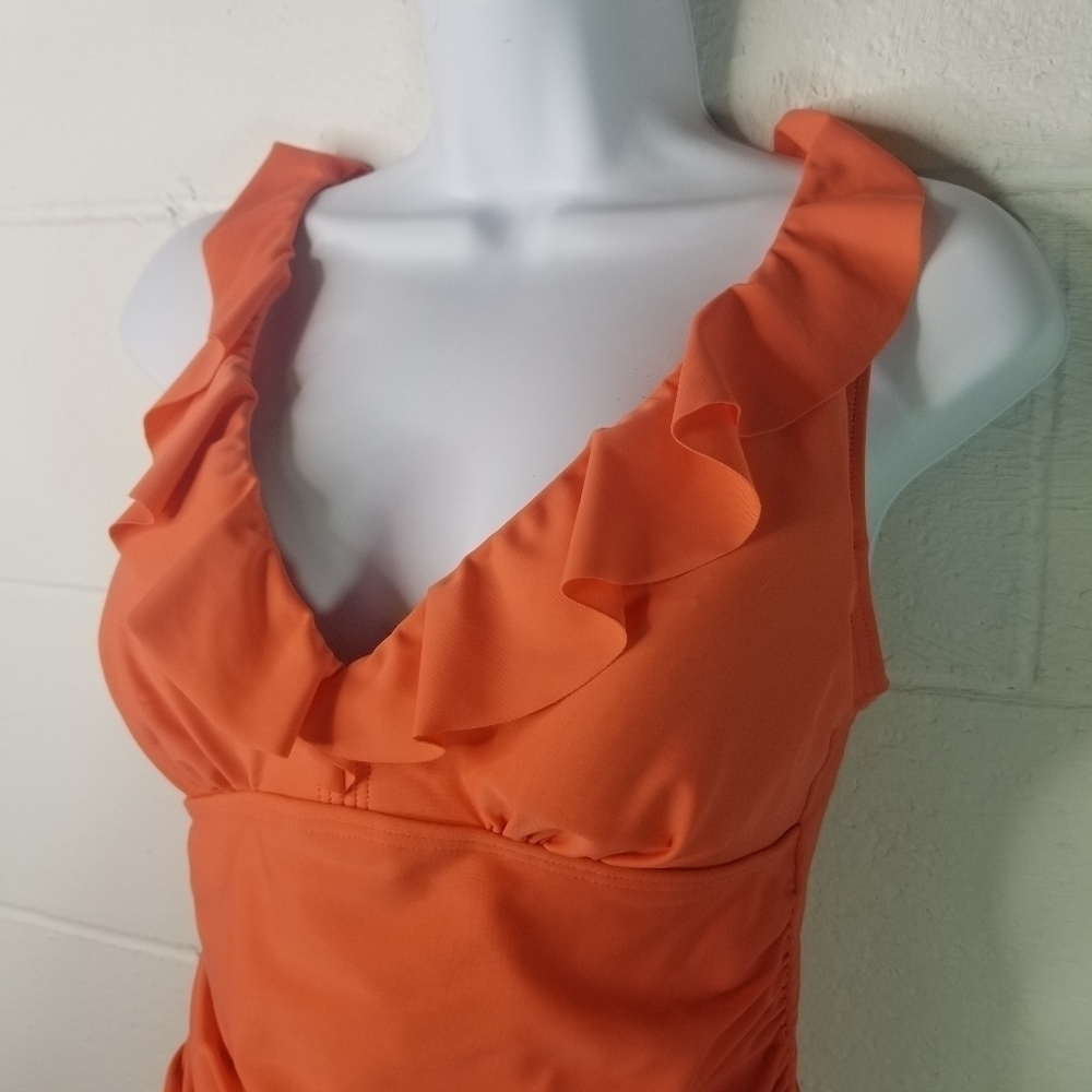 DKNY coral ruffle ruched one piece swimsuit - Picture 6 of 11